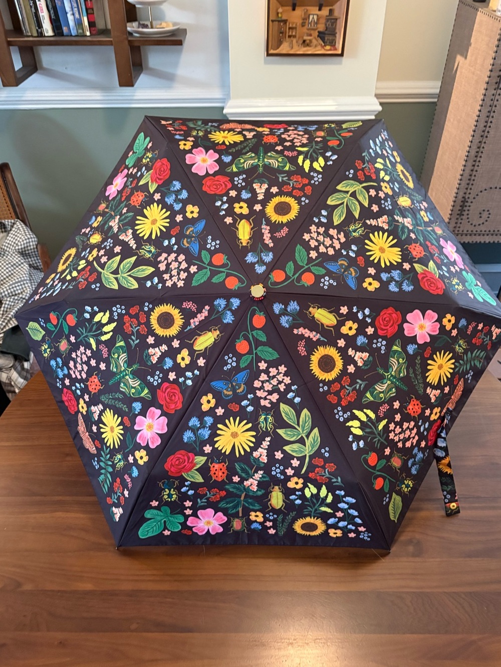 Rifle Paper Co. Floral Pattern Black Umbrella with Multicolor Flowers